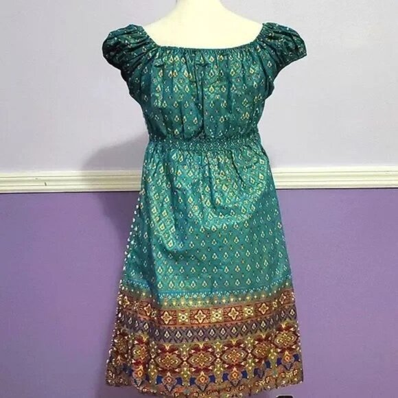 Shoreline Boho Gypsy Turquoise & Brown Beaded Princess Style Mini Dress - Picture 8 of 13